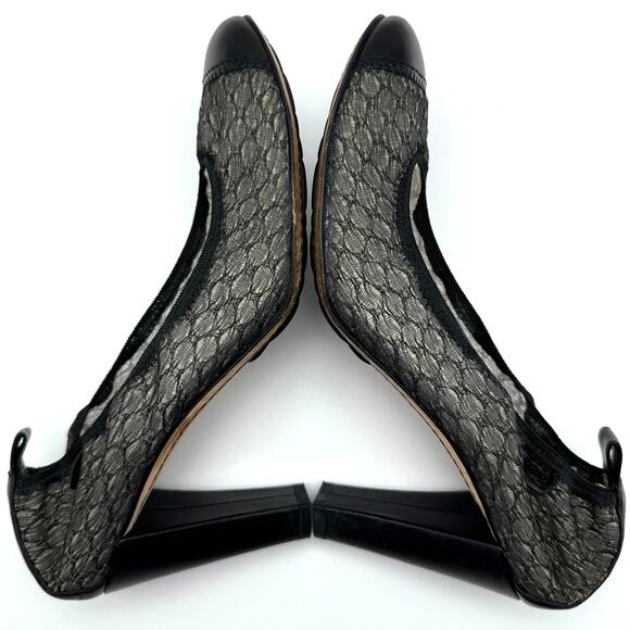 CHANEL Black Lace & Leather Elastic Heel Pumps Cap Toe IT 38.5 - Picture 7 of 13